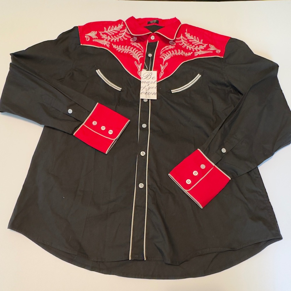 COOFANDY Western Shirt Black Red Embroidered Retro Cowboy Large NWT